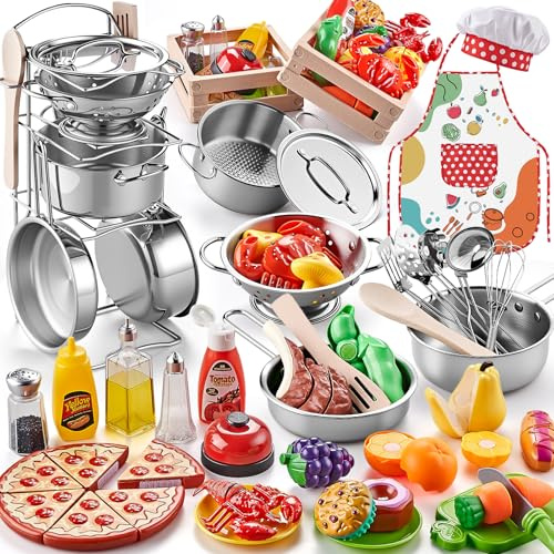 Shimirth 63 Pcs Dinette Enfant en Acier Inoxydable - Accessoire Cuisine Enfant avec Casseroles Jouets, Pizza Exclusive à Découper, 2 Paniers de Rangement, Tablier - Jouet d'Imitation 3 Ans+