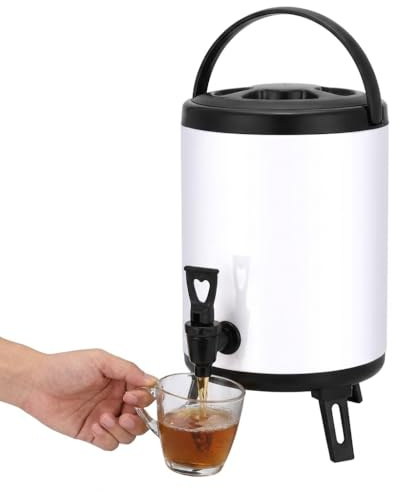 8L Stainless Steel Hot Water Urn, Boiling Water Dispenser, Double Walled Thickened Insulated Beverage Dispenser with Spigot, Milk Tea Bucket Insulated Barrel for Hot Water Or Beverage, White