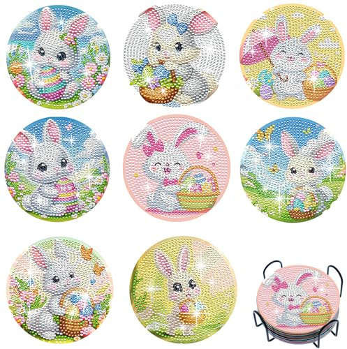 EFNHJF5 8 Stück Diamond Painting Ostern Untersetzer Mit Halter,Diamond Painting Kinder & Erwachsene zum Basteln,Home Décor