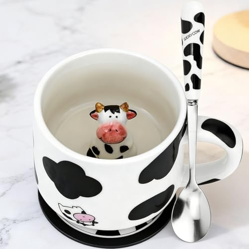 Busnos 3d kuh Keramik Tasse mit Löffel Und Untersetzer 350ml Lustige Kaffeetasse Personalisiert Geburtstagsgeschenk für Frauen Kaffeeliebhaber kuh Geschenke für Frauen Mädchen
