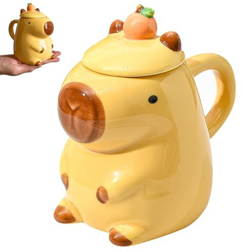 XEERUN Capybara Cute Mugs Coffee Cup, 400ML Cartoon 3D Ceramic Cup, Capybaras Cute Tea Mug with Lid, Animal Coffee Mug, Rounded Handle Design, Capybara Gifts for Women, Birthday