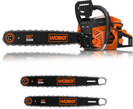 WORKIT 62CC Petrol Chainsaw, 18 & 20 Gas Chainsaw, Auto Oiling & Tool-Less Tensioning, 2-Stroke Easy Start for Tree Felling, Logging & Firewood Cutting