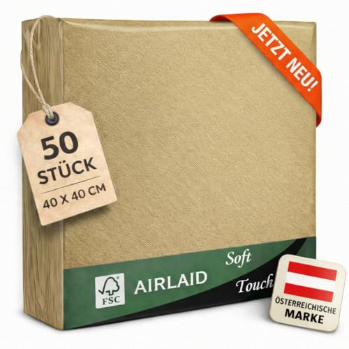 EV® Airlaid Servietten - 50 Stück, Gold (40 x 40 cm) - Stoffähnlich | Stilvolle Tischdeko - Einfarbig, Saugstark & Elegant - Ideal für Hochzeit, Geburtstage & Feste