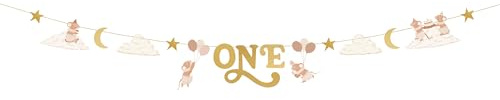 Papierbanner Girlande ONE mit Mäusen 300cm - Banner Deko - Geburtstagsgirlande für erste Kindergeburtstag Geburtstag - Papiergirlande Geburtstagsdeko & Partyzubehör - Beige Gold