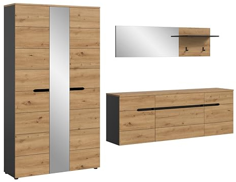 xonox.home – Garderobenkombination Canu 296x190x37 cm in Artisan Eiche & Basaltgrau – 3-teiliges XXL Set aus Schrank, Hängeschrank & Spiegelpaneel – Perfektes Ordnungssystem für die gesamte Garderobe