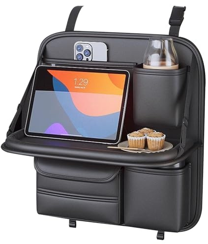 Luxvara Autositz Organizer mit Klapptisch, Rücksitz Organizer Auto Aufbewahrungstasche Auto Organizer Rückenlehnenschutz Auto Reisezubehör Organizer mit Tablet Tasche & Viele Taschen, Schwarz, 42x42cm