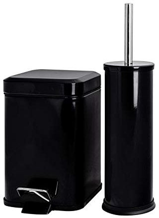 Harbour Housewares 3L Bathroom Bin & Brush Set - Black - 2pc Mismatched Stainless Steel Square Pedal Bin & Round Toilet Brush Set Slim Small Trashcan for Kitchen Waste, Bathroom Rubbish