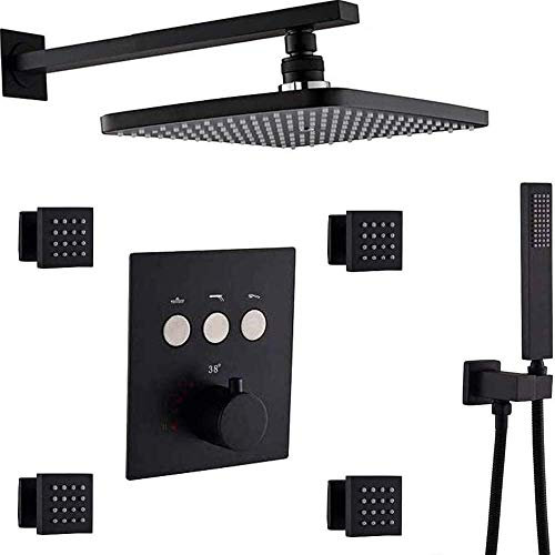 Duschsystem, Duschsystem mit Thermostat rechteckig 30,5 x 20,3 cm, mit 4 Mischdüsen, Matt-schwarz Luxus Duschset