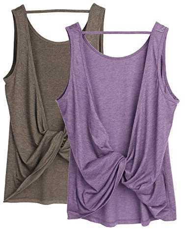 icyzone Damen Sport Tank Top Rückenfrei, Fitness Yoga Shirt Ärmellose Gym Sport Oberteil, 2er Pack (M, Mushroom*/Lavender*)