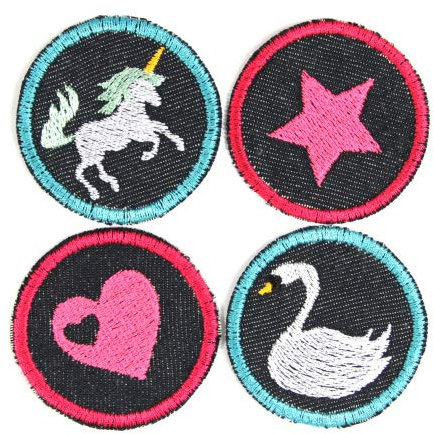Bügelbilder 4 Flicken Einhorn Herz Stern Schwan Aufbügler kleine Bügelflicken ø 5cm rund Bio Jeansflicken Patches Hosenflicken