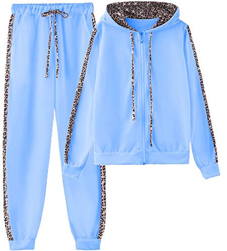 amropi Donna Tuta Sportiva Set Leopardato Maniche Lunghe Felpa con Cappuccio e Jogging Pantaloni (Blu, M)