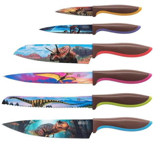 Chef's Vision Jurassic Knife Set - 6-Piece Stainless Steel Kitchen Knives Set with Beautiful Dinosaur Designs- Great House Warming Gift for Women or Men - Unique Kitchen Knife Set Gift