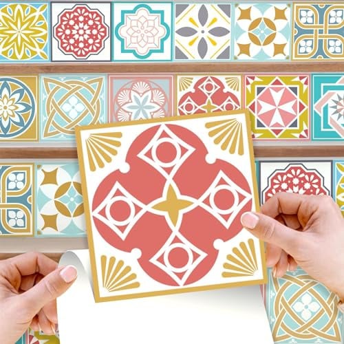 WALPLUS 120 Pcs 15cm (6) Colourful Malia Tile Stickers – Peel & Stick Self-Adhesive Vinyl Backsplash for Kitchen, Living Room & Bedroom – Removable DIY Wall Decoration