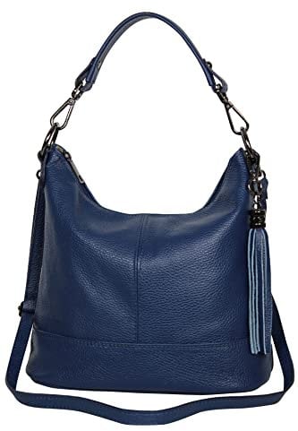 AMBRA Moda GLX09 - Damen Handtasche Schultertasche Beutel aus Echtleder (Jeansblau)