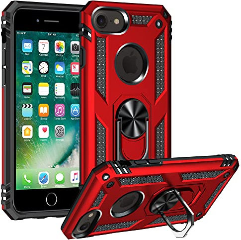 for iPhone SE 2022 Case, iPhone SE 2020 Case, iPhone 8 Case iPhone 7 Case, Military Grade Tough Heavy Armored Protective Phone Case with Magnetic Ring Kickstand Slim Shockproof Duty Armor, Red