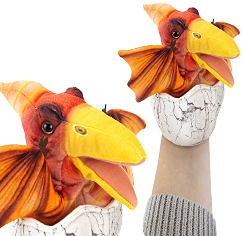VFM - Pterodactyl Egg Hand Puppet 23cm Toy - Highly Detailed & Super Soft Orange Fabric Stuffed Animal Realistic Dino Hatchling Cuddly Plush - Natural World