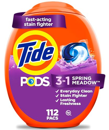 Tide PODS laundry detergent pacs, 3-in-1 Stain Remover, Odor Fighter, Color Protector, 112 Count, HE compatible, Spring Meadow Scent