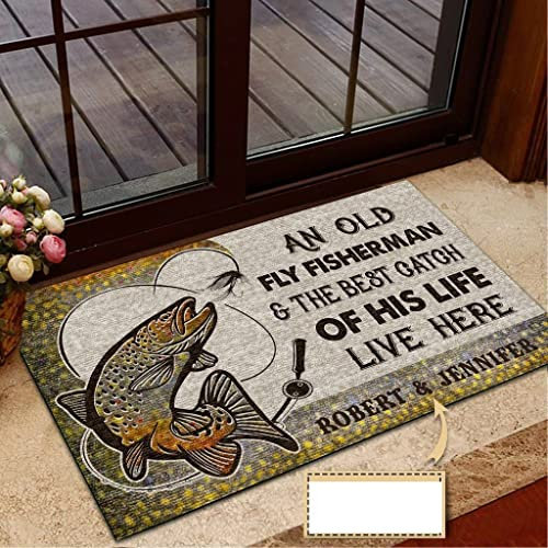 Door Mat Indoor Entrance Print Welcome Funny Doormat Fly Fishing Doormat Home Decor Custom Name an Old Fly Fisherman and The Best Catch of His Life Live Here Home Decor Housewarming Gift