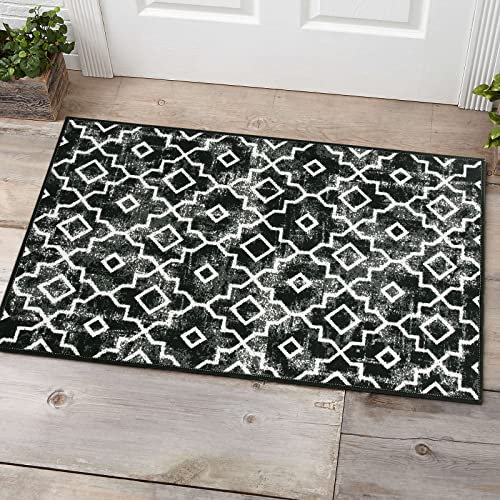 Wonnitar Marokkanische Fußmatte für den Innenbereich, 61x91 cm, rutschfest, maschinenwaschbar, Eingangstürmatte, niedriges Profil, Haustürteppich, Schmutzfang, langlebig, Eingang, Schwarz