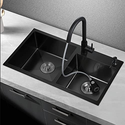 CHEMYO Fregadero de Cocina Ranura Doble Nano Fregadero Grifo extraíble Fregadero de Acero Inoxidable Múltiples Accesorios (Color : Black, Size : 80 * 45cm)