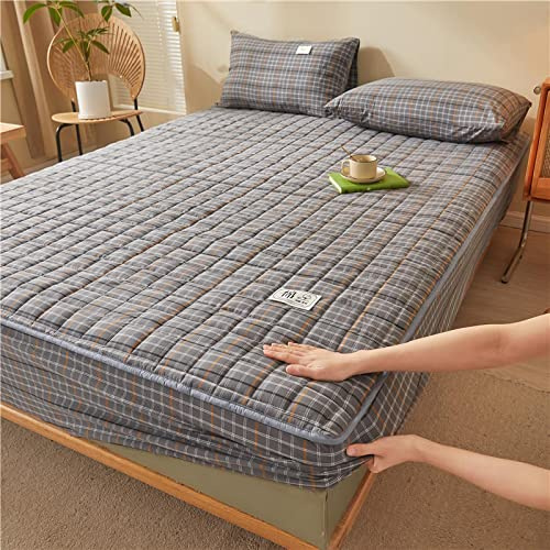 Premium Spannbetttuch90 x 200 cm 3 Stück, Baumwolle dick kariert weich gesteppt, Spannbettlaken und Kissenbezug, Matratzenbezug, Tagesdecke für Wohnung, Gastfamilie, hellgrau