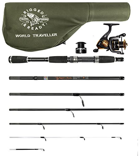 Rigged and Ready World Traveller Reise-Angelruten-, Rollen- und Kofferset. Kompakt 6 Abschnitte, 2 Spitzen. 215 cm 7'+ 1.9 cm 6’ 1” Nano-Carbon-Angelrutenoptionen.Spin Bait Karpfen Hecht Meeresangeln