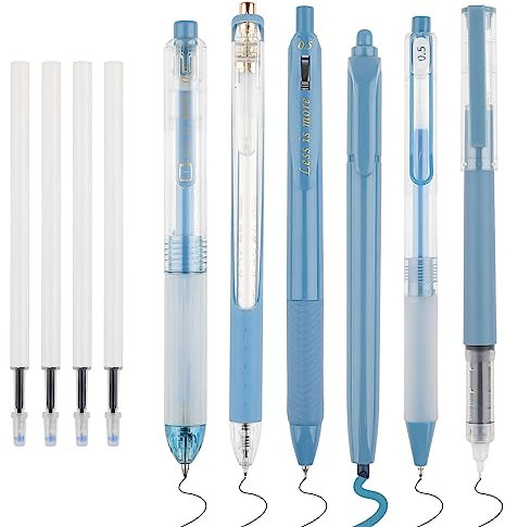 WINKIO 0.5mm Gelschreiber, 6 Stück Aesthetic Gelstifte Schnell Trocknende Gel Pen mit 4 Nachfüllminen, Einziehbare Kugelschreiber Schwarz +Farbiger Textmarker(Blau)
