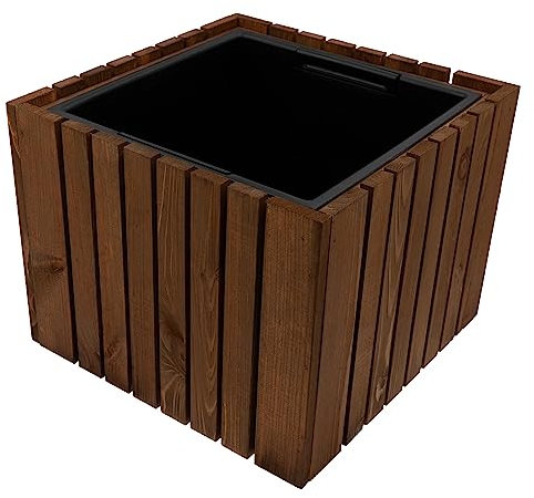 HRB Blumentopf Vintage eckig aus Echtholz braun, hochwertiger Holz Pflanztopf mit Kunststoffwanne mit 15,5 L Volumen für Innen und Außen, die Pflanzkübel haben EIN einzigartiges Design