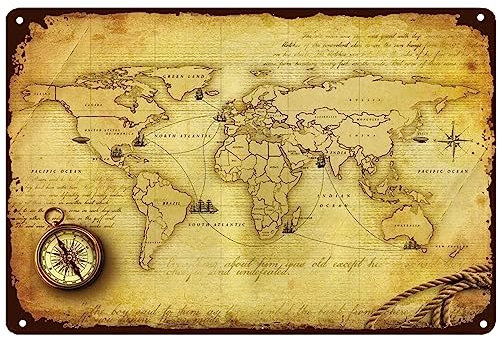 Alte Karte Welt Vintage Metallschild Navigation Karte und Kompass Wohnkultur Rustikale Blechschilder für Landhaus Pub Restaurants Cafe Club Plakette Man Cave 14 x 20 cm