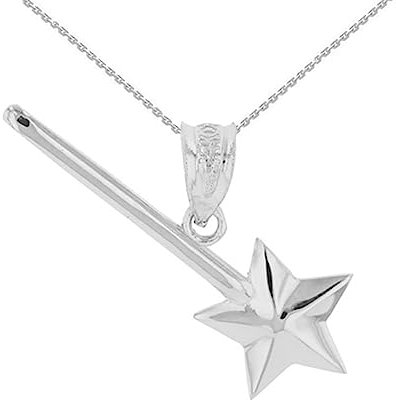 Joyara Collier Pendentif Baguette Magique Étoile Or Blanc 9 cts (Longueur de Chaîne Disponible 40 cm – 45 cm – 50 cm – 55 cm) 40 cm