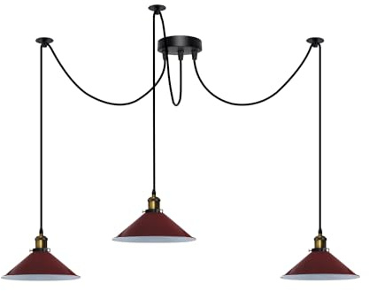 DC VOLTAGE 3 Head Spider Pendant Light, Burgundy Metal Cone Shaped 20 cm Shades, Industrial Ceiling Hanging Lamp, 2 m Adjustable Cable, E27 Lighting Fixture for Kitchen Island, Living Room, Bedroom