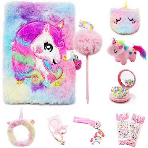 ICEBLUEOR Unicorn Secret Diary for Girls, Kids Diary with Lock and Keys, Lockable Kids Journal Notebook Set with Coin Purse/Pen/Bracelets/Mirror, Unicorn Gifts for Girls 6-12 Year Old