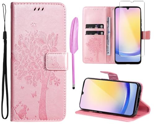 Oududianzi - Cover Samsung Galaxy A25 5G Libro Flip Custodia Portafoglio Pelle PU Silicone TPU Antiurto [1X Vetro Temperato] [Slot Schede][Chiusura Magnetica][Funzione Stand] Cover Samsung A25-Rosa