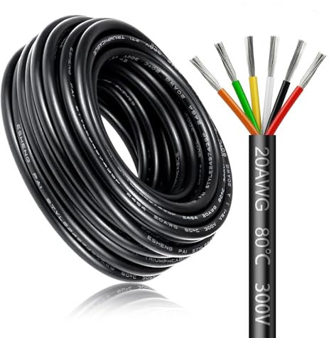 20 Meter 20AWG 6x0,5mm² Elektrischer Kabel, 6 Adriges Kabel 5V/12V/24V/300V Stromkabel Verzinntes Kupferkabel, Flexibel und Weich Niedrige Impedanz Hohe Temperaturbeständigkeit Verlängerungskabel
