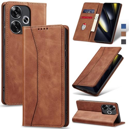 Jasonyu Funda para Xiaomi Poco F6,Cuero PU Carcasa,Tipo Libro Flip Case con Tarjetas y Cartera,Soporte Plegable,Cierre magnético,Capa (Marrón)