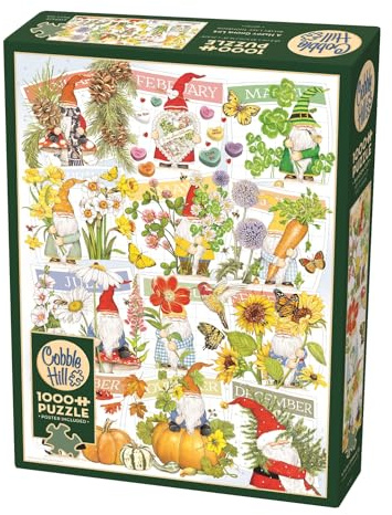 Cobble Hill 3840261 EIN glückliches Gnomenleben, 1000 Teile Puzzle inkl. Puzzleposter für Erwachsene und Kinder ab 12 Jahren, Blumenkalender, Gartenzwerge
