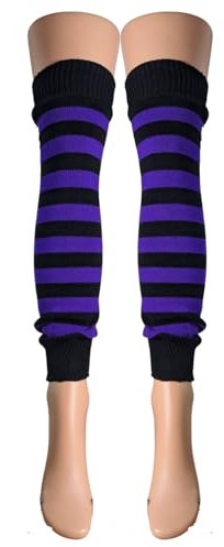 Leg Warmers, Over 30 Styles, 60cm Length, Neon, Striped, Glittery, Plain, Eco-Packaging, Made in the UK (Striped, Neon Purple & Black Stripes)