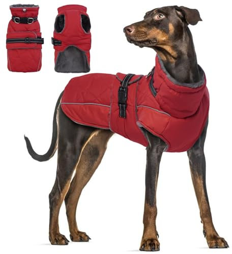 Katzinst Hundemantel, Hunde Wintermantel mit Reflektierenden Streifen Geschirr Faltbarer Fleece Ausschnitt, Wasserbeständig Hundemantel für Große Hunde, Deutsche Dogge, Rot, 3XL
