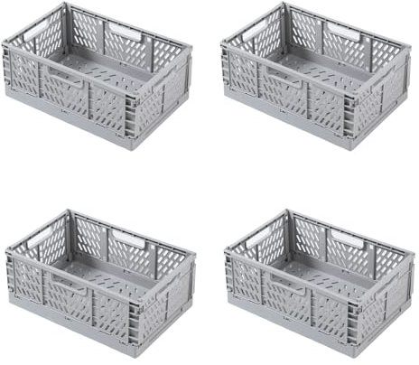 heqxwl 4 Stück Faltbare Kunststoff Aufbewahrungsbox, Einkaufskiste Klappbar, Stabil Klappboxen Faltbar für Küche, Büro, Schlafzimmer, Schrank, Schublade (Grau, M)