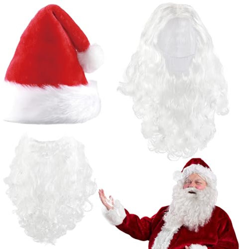 KUWUNG Nikolaus Bart und Perücke Mütze Set, Weihnachtsmann Bart und Perücke Mütze 3 Pcs Set Weihnachtsmann Kostüm Für Erwachsene Familien Weihnachtsfeiern Weihnachtskarneval,Santa Claus Costume