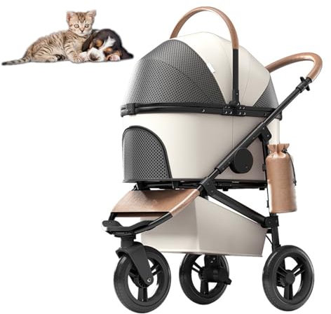 RUYICZB Faltbarer Pet Jogger-Kinderwagen für kleine Haustiere, tragbarer Haustier-Kinderwagen mit Aufbewahrungskorb und 3 Anti-Rutsch-Rädern, Katzen-Kinderwagen,Weiß