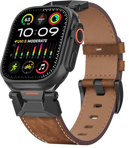 Bouixel Genuine Leather Strap Compatible for Apple Watch Straps 49mm 46mm 45mm 44mm 42mm,Men Rugged Band with Metal Connector for iWatch Ultra Series 10 9 8 7 6 5 4 3 2 1 SE