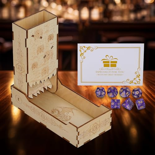 DRMFLE Würfelturm aus Holz mit 7 violetten polyedrischen DND-Würfeln, tragbares Würfeltablett aus Holz, DND-Würfelbox für Rollenspiele, Dungeons & Dragons und andere RPG-Tischspiele