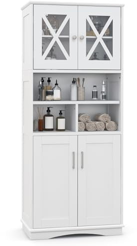 GOPLUS Armoire Haute de Salle de Bain, Armoire de Rangement Autoportante avec 2 Placards à Portes, Étagères Réglables, 3 Étagère Ouvertes, pour Salon, Salle à Manger, 60 x 30 x 145 cm (Blanc)