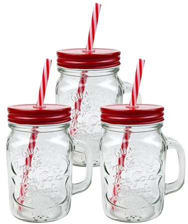 AIBULO 3 Pack 500ml Red Mason Jars with Lids and Straws – Stylish Glass Drinkware for Smoothies, Iced Coffee, Bubble Tea, Milkshakes, Fresh Juices – Reusable and Durable Set