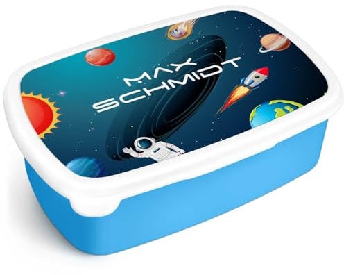 GRAVURZEILE Bedruckte Lunchbox - Weltall - Personalisiert mit Namen - Brotdose für Kinder - Individuell bedruckt mit Wunschmotiv - Platzsparend stapelbar - Perfekt für Schule & Kita - Farbe: Blau
