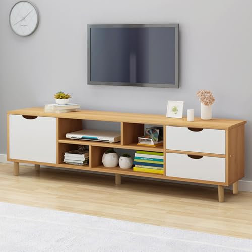toxaaiwr Meuble TV, centre de divertissement moderne avec 3 armoires de rangement et 4 étagères ouvertes, support de télévision moderne du milieu du siècle pour TV de 55, table console TV, meuble