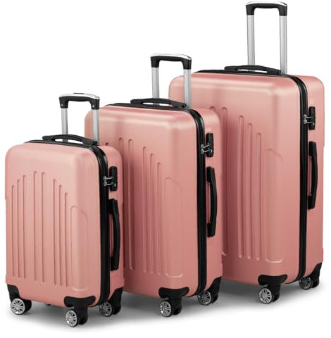 LALAHO Kofferset 3 teilig Hartschale, Reisekoffer mit Rollen Groß, Koffer Set 3 Stück aus ABS+PC, Handgepäck, Hartschalenkoffer Set, Roségold