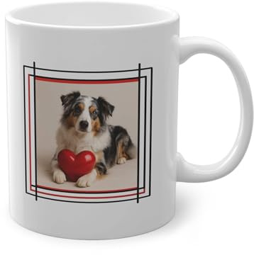 YOMYLE Mug Drôle Chien Berger Australien avec Cœur – Cadeau Homme Femme Amour Pas Cher Noël Anniversaire Saint-Valentin