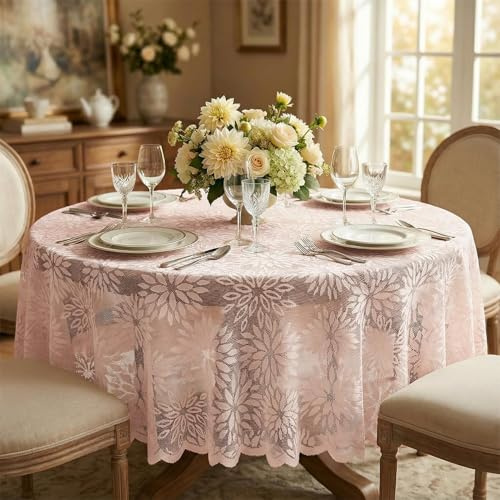 Artoid Mode Spitze Jacquard Blumen Rosa Dahlien Frühling Tischdecke Rund 150 cm, Saisonnal Sommer Tischwäsche Küche Dekoration Party Dekor